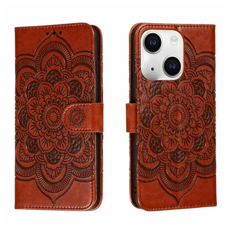 Sun Mandala Embossing Leather Phone Case For iPhone 15 Pro For iPhone 15 Plus For iPhone 15 - For iPhone 15 Plus