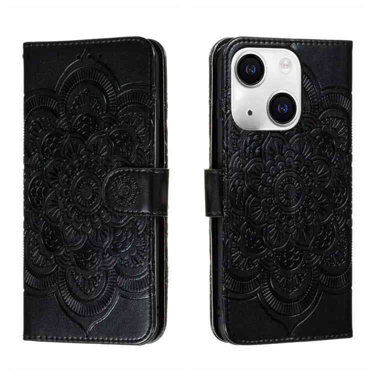 Sun Mandala Embossing Leather Phone Case For iPhone 15 Pro For iPhone 15 Plus For iPhone 15 - For iPhone 15 / Black