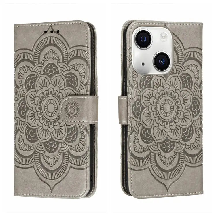 Sun Mandala Embossing Leather Phone Case For iPhone 15 Pro For iPhone 15 Plus For iPhone 15 - For iPhone 15 / Grey