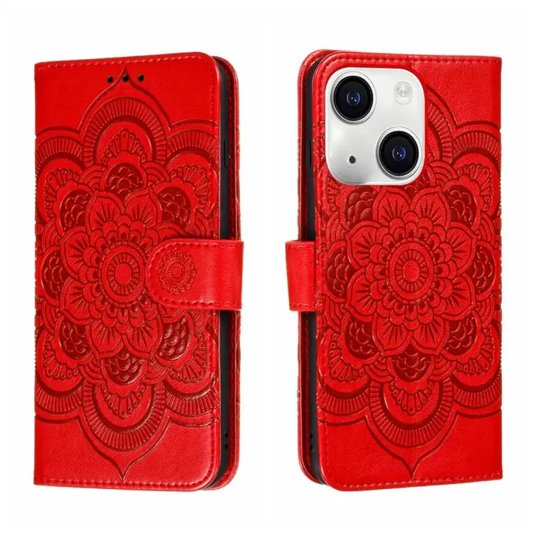 Sun Mandala Embossing Leather Phone Case For iPhone 15 Pro For iPhone 15 Plus For iPhone 15 - For iPhone 15 Plus / Red