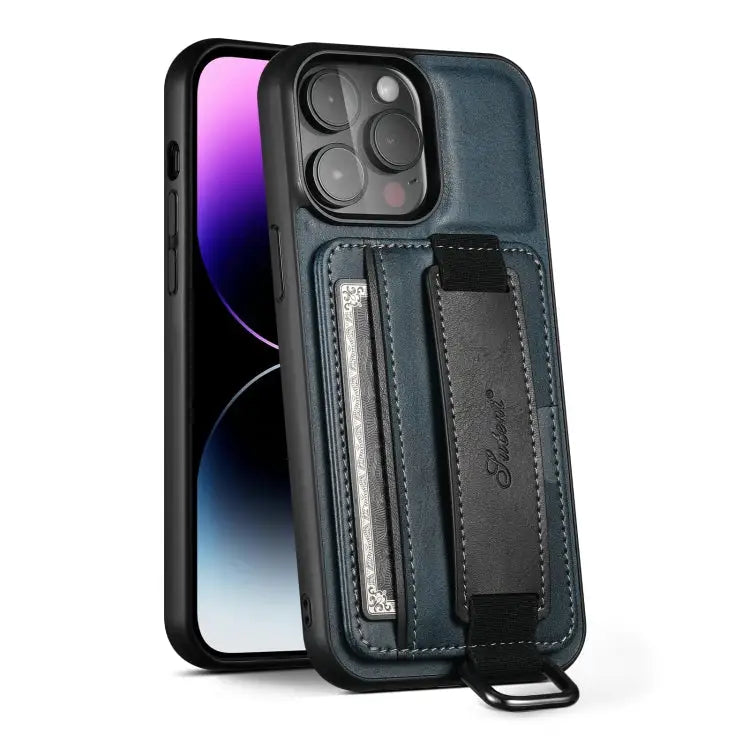 Suteni H13 Card Wallet Wrist Strap Holder PU Phone Case For iPhone 14 For iPhone 14 Pro For iPhone 14 Plus For iPhone