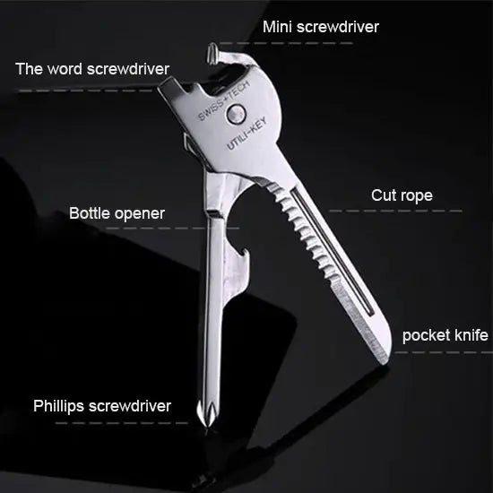 SWISS + TECH Stainless Steel 6 in 1 Multi-function Outdoor Key Chain Foldable Mini Tools Key Ring