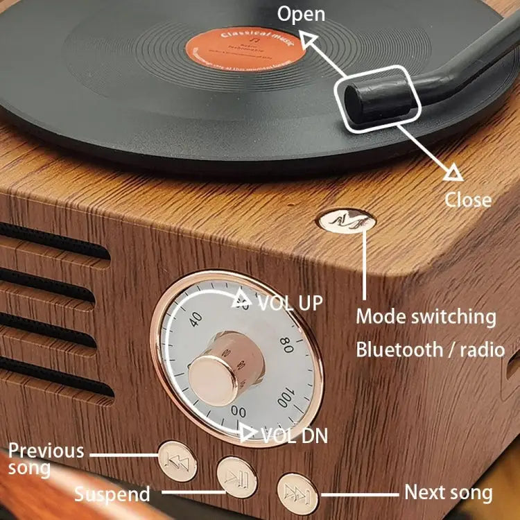 T15 Vinyl Atomic Bluetooth Retro Wireless Audio Desktop Speaker - Wood Color