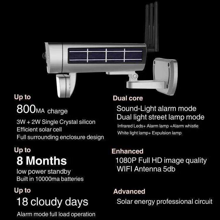 T8 1080P Full HD Solar Battery Ultra Low Power Sound Light Alarm Network Camera Support Motion Detection Night Vision