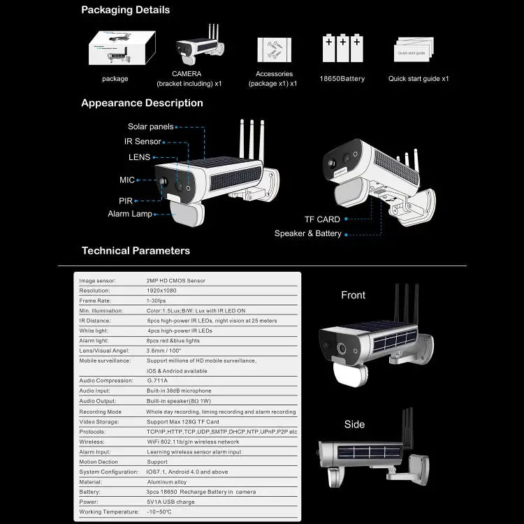 T8 1080P Full HD Solar Battery Ultra Low Power Sound Light Alarm Network Camera Support Motion Detection Night Vision