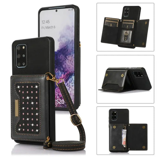 Three-fold RFID Leather Phone Case with Lanyard For Samsung Galaxy S20+ For Samsung Galaxy S20 FE For Samsung Galaxy