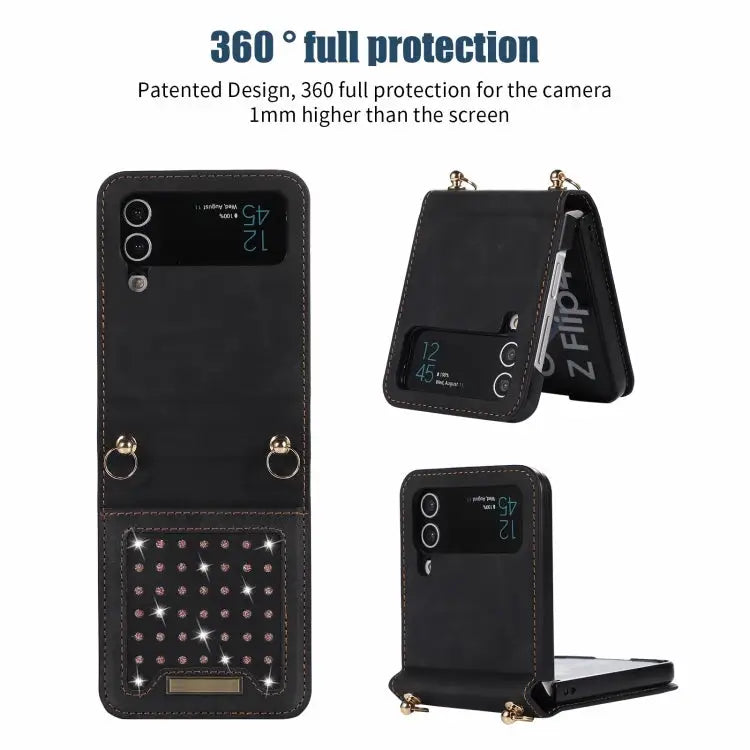 Three-fold RFID Leather Phone Case with Lanyard For Samsung Galaxy Z Flip3 5G For Samsung Galaxy Z Flip4 For Samsung
