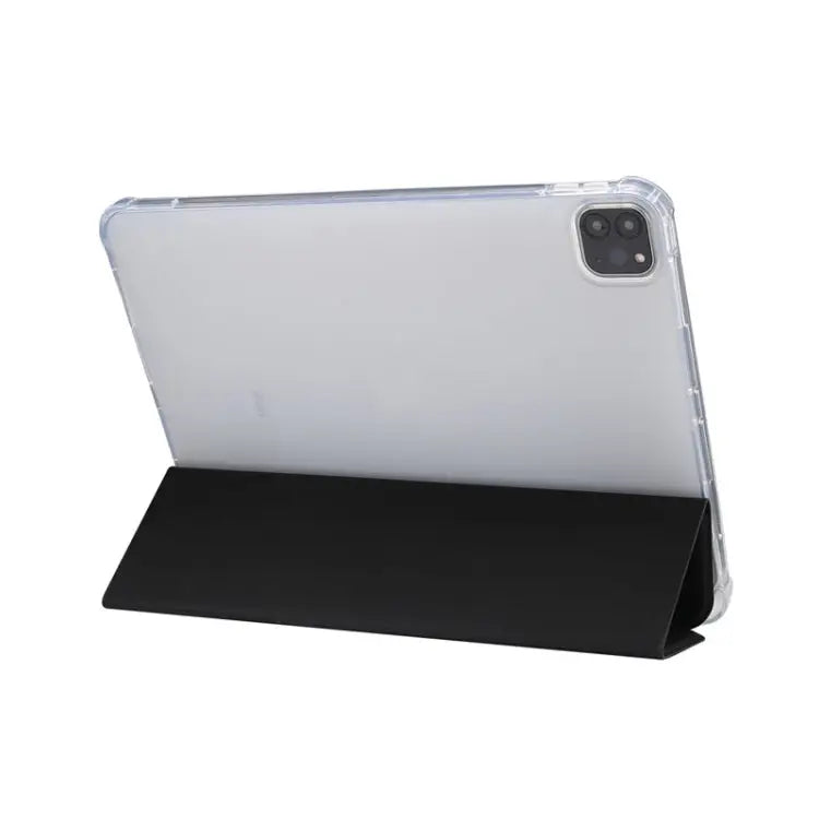Three-folding Electric Pressed Skin Texture Horizontal Flip Shockproof Transparent TPU + PU Leather Case with Holder &