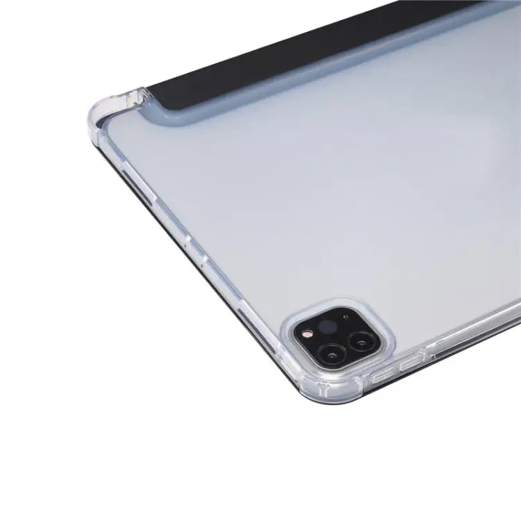 Three-folding Electric Pressed Skin Texture Horizontal Flip Shockproof Transparent TPU + PU Leather Case with Holder &