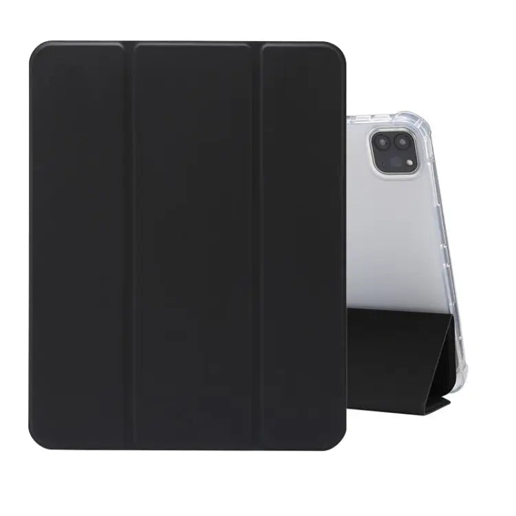 Three-folding Electric Pressed Skin Texture Horizontal Flip Shockproof Transparent TPU + PU Leather Case with Holder &