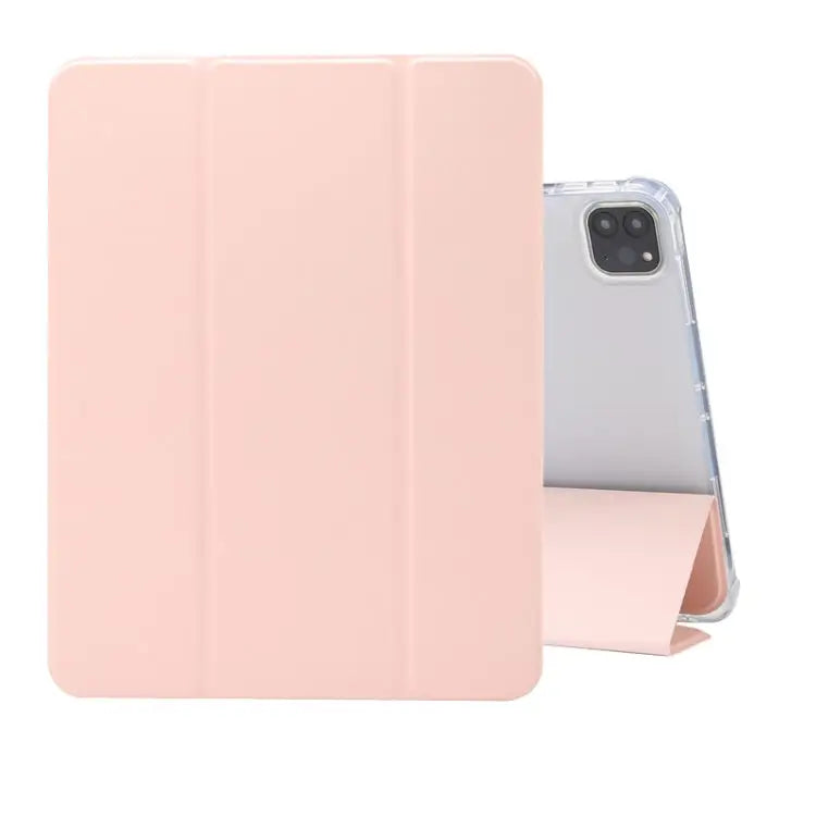 Three-folding Electric Pressed Skin Texture Horizontal Flip Shockproof Transparent TPU + PU Leather Case with Holder &