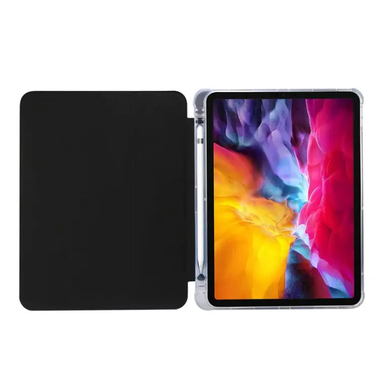 Three-folding Electric Pressed Skin Texture Horizontal Flip Shockproof Transparent TPU + PU Leather Case with Holder &