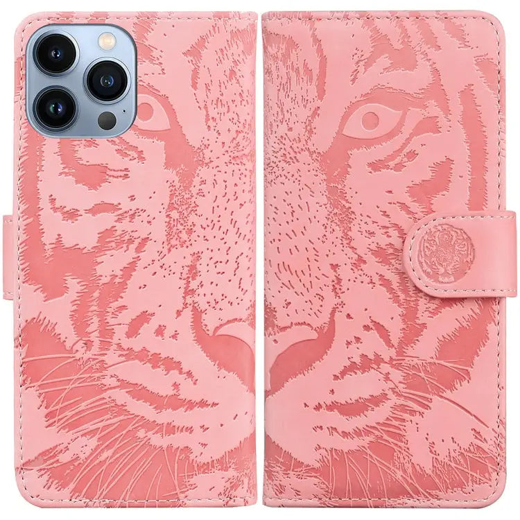 Tiger Embossing Pattern Leather Phone Case For iPhone 14 Pro Max - For iPhone 14 Pro Max / Pink - Apple Accessories