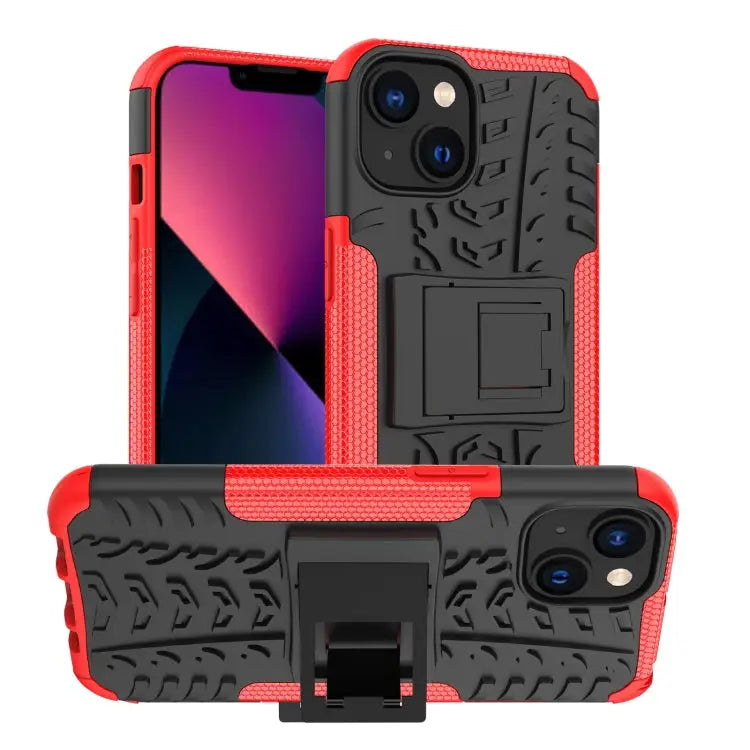 Tire Texture TPU + PC Phone Case with Holder For iPhone 14 For iPhone 14 Plus For iPhone 14 Pro - For iPhone 14 / Red