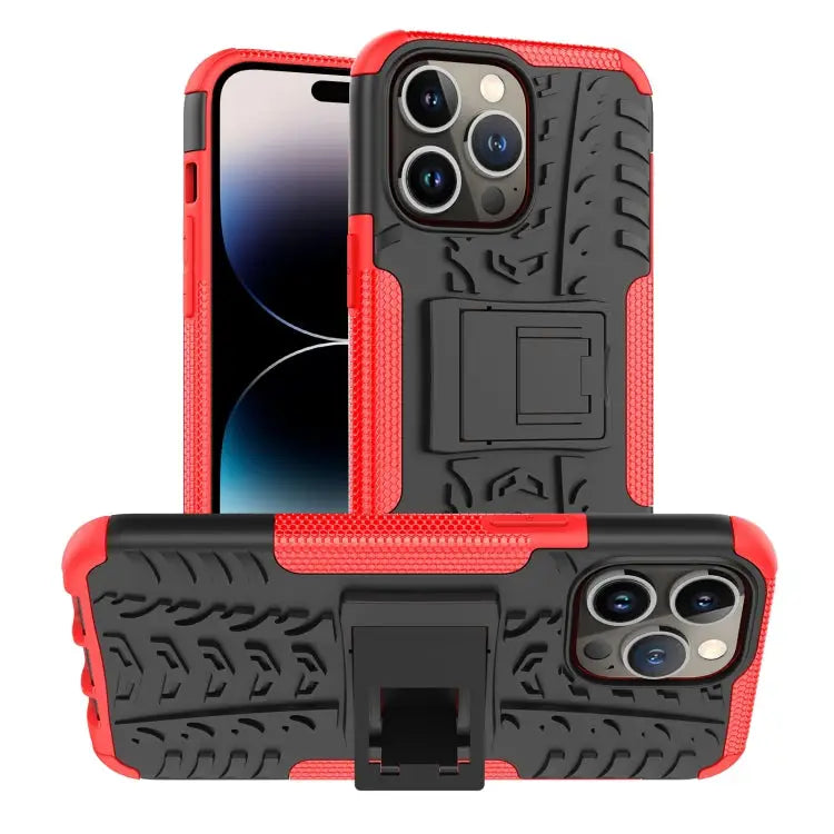 Tire Texture TPU + PC Phone Case with Holder For iPhone 14 Pro Max - For iPhone 14 Pro Max / Red - Apple Accessories