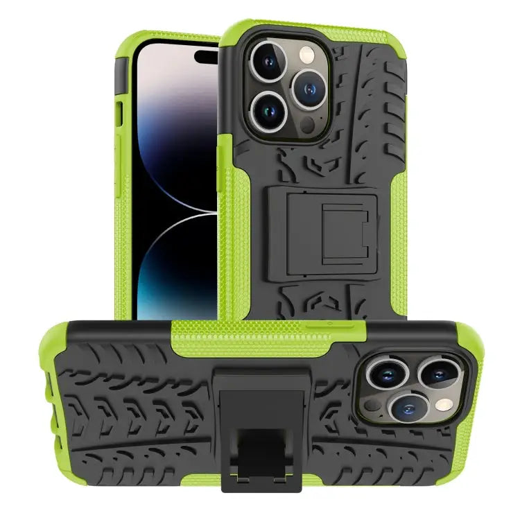Tire Texture TPU + PC Phone Case with Holder For iPhone 14 Pro Max - For iPhone 14 Pro Max / Green - Apple Accessories