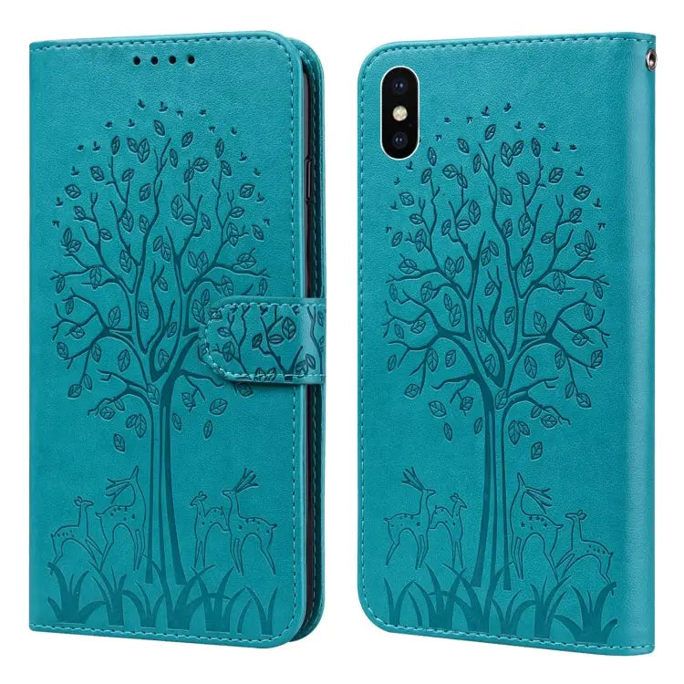 Tree & Deer Pattern Pressed Printing Horizontal Flip Leather Phone Case For iPhone XS Max For iPhone 7 / 8 / SE 2020