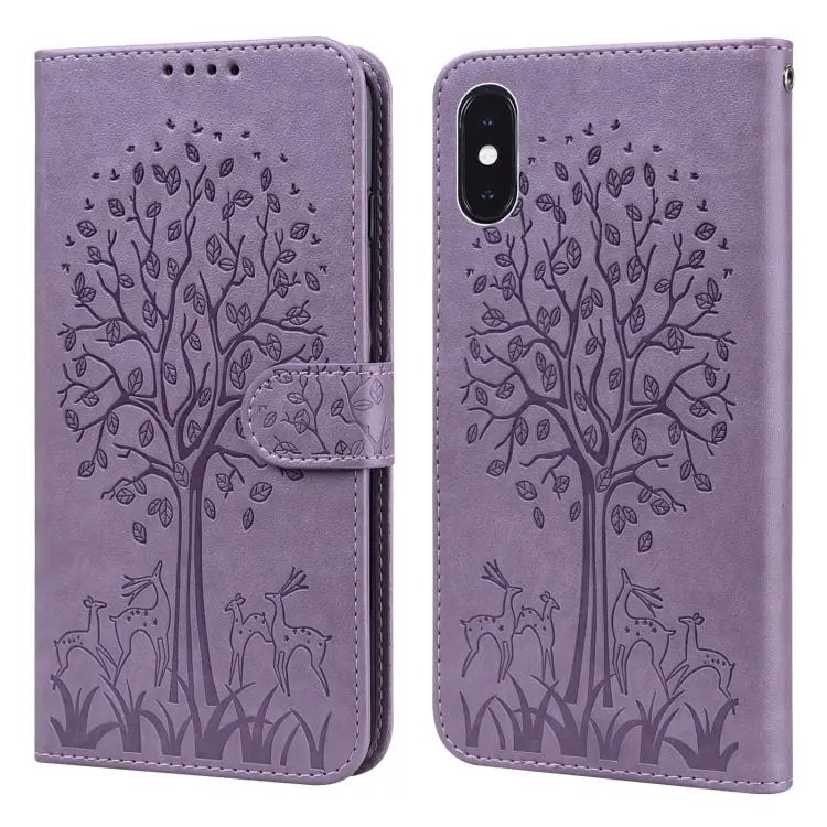 Tree & Deer Pattern Pressed Printing Horizontal Flip Leather Phone Case For iPhone 13 Pro For iPhone 13 For iPhone X