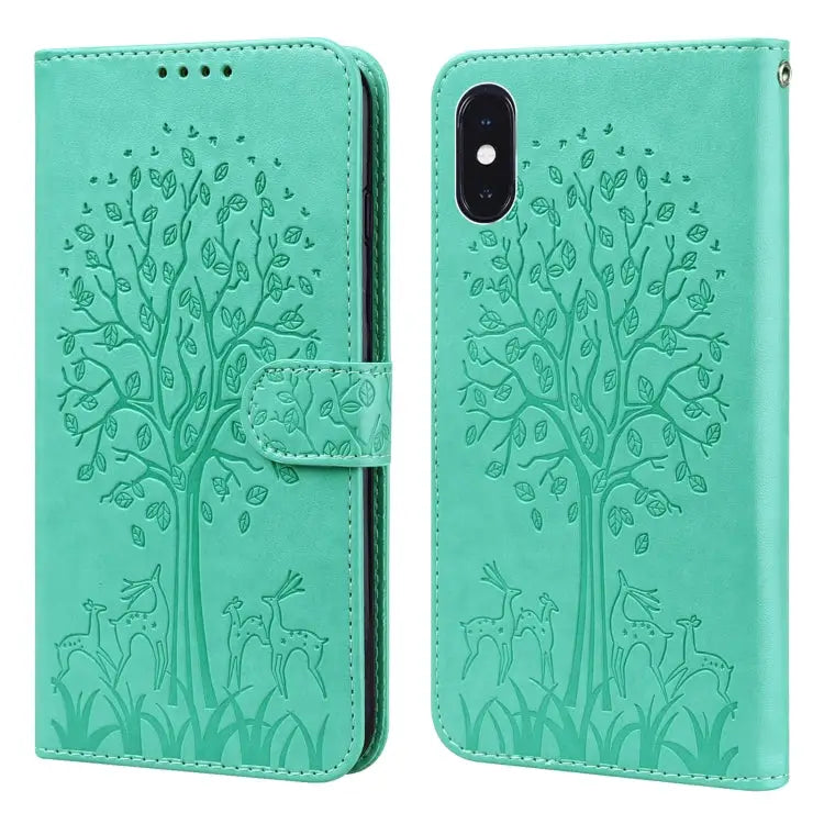 Tree & Deer Pattern Pressed Printing Horizontal Flip Leather Phone Case For iPhone 13 Pro For iPhone 13 For iPhone X