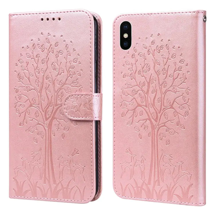 Tree & Deer Pattern Pressed Printing Horizontal Flip Leather Phone Case For iPhone XS Max For iPhone 7 / 8 / SE 2020