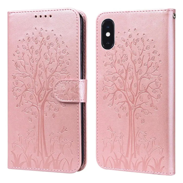 Tree & Deer Pattern Pressed Printing Horizontal Flip Leather Phone Case For iPhone 13 Pro For iPhone 13 For iPhone X