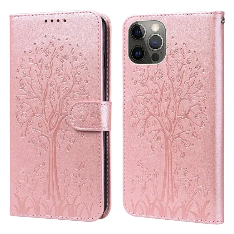 Tree & Deer Pattern Pressed Printing Horizontal Flip Leather Phone Case For iPhone XS Max For iPhone 7 / 8 / SE 2020