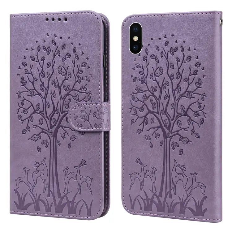 Tree & Deer Pattern Pressed Printing Horizontal Flip Leather Phone Case For iPhone XS Max For iPhone 7 / 8 / SE 2020