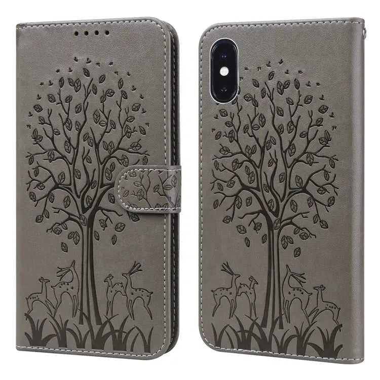 Tree & Deer Pattern Pressed Printing Horizontal Flip Leather Phone Case For iPhone 13 Pro For iPhone 13 For iPhone X