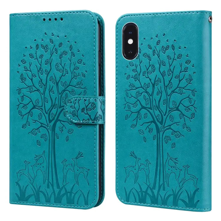 Tree & Deer Pattern Pressed Printing Horizontal Flip Leather Phone Case For iPhone 13 Pro For iPhone 13 For iPhone X