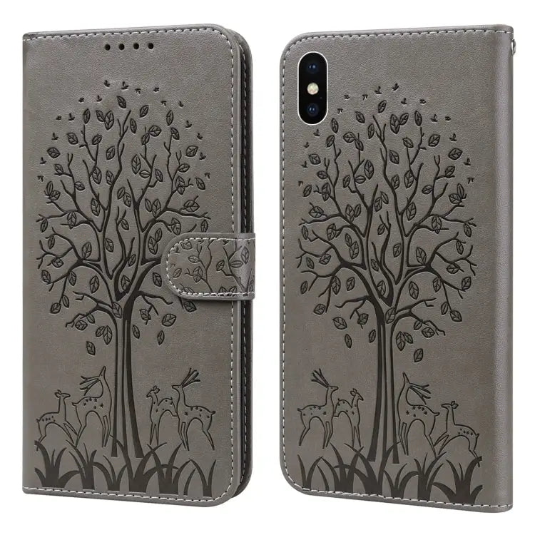 Tree & Deer Pattern Pressed Printing Horizontal Flip Leather Phone Case For iPhone XS Max For iPhone 7 / 8 / SE 2020