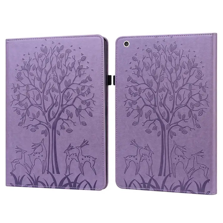 Tree & Deer Pattern Pressed Printing Horizontal Flip PU Leather Case with Holder & Card Slots & Sleep / Wake-up