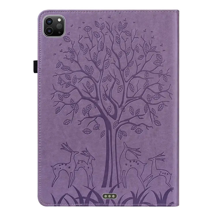 Tree & Deer Pattern Pressed Printing Horizontal Flip PU Leather Case with Holder & Card Slots & Sleep / Wake-up