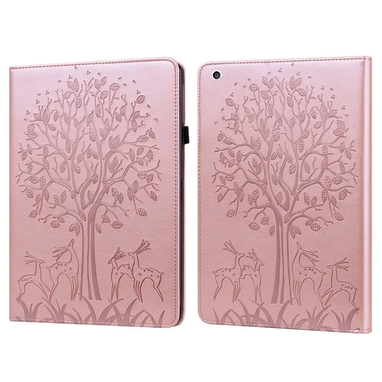 Tree & Deer Pattern Pressed Printing Horizontal Flip PU Leather Case with Holder & Card Slots & Sleep / Wake-up