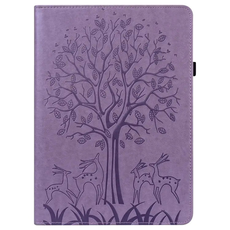 Tree & Deer Pattern Pressed Printing Horizontal Flip PU Leather Case with Holder & Card Slots & Sleep / Wake-up