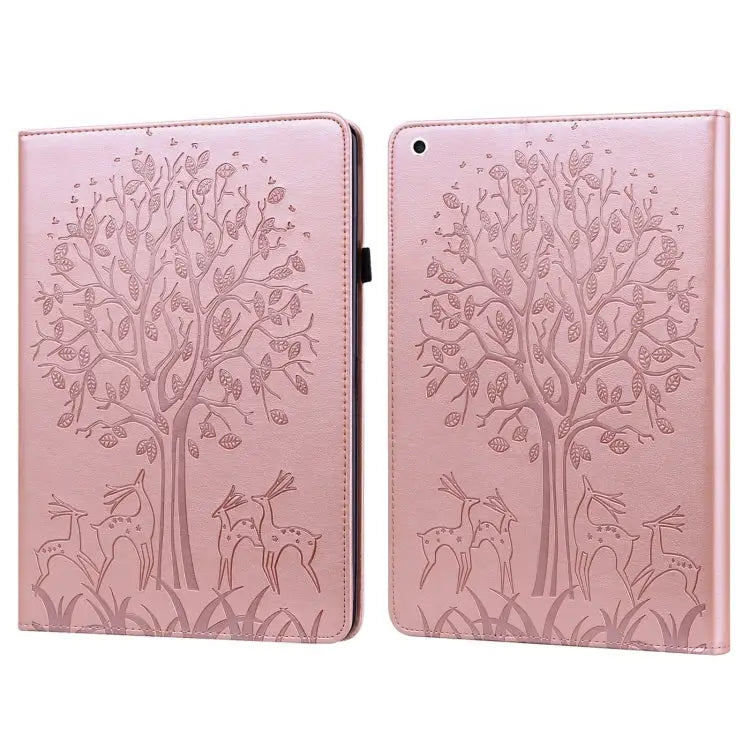 Tree & Deer Pattern Pressed Printing Horizontal Flip PU Leather Case with Holder & Card Slots & Sleep / Wake-up