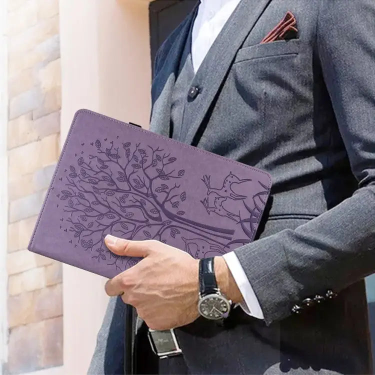 Tree & Deer Pattern Pressed Printing Horizontal Flip PU Leather Case with Holder & Card Slots & Sleep / Wake-up