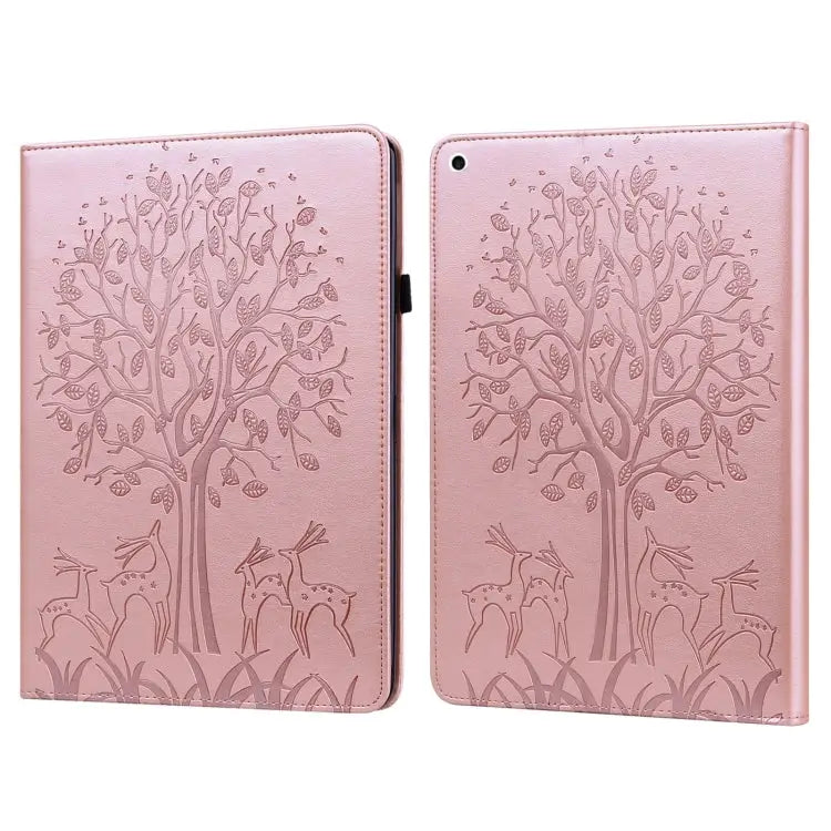 Tree & Deer Pattern Pressed Printing Horizontal Flip PU Leather Case with Holder & Card Slots & Sleep / Wake-up