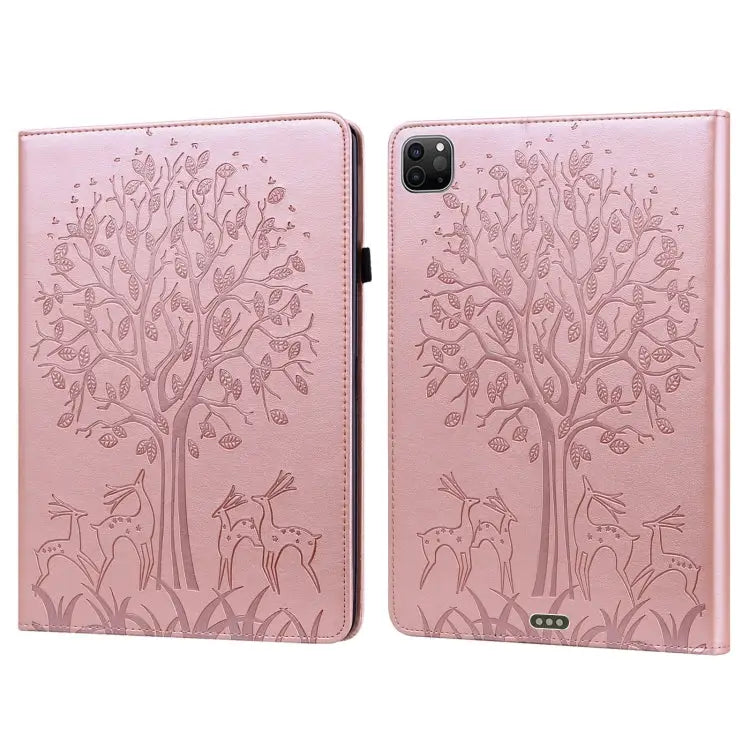 Tree & Deer Pattern Pressed Printing Horizontal Flip PU Leather Case with Holder & Card Slots & Sleep / Wake-up