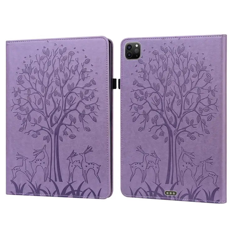 Tree & Deer Pattern Pressed Printing Horizontal Flip PU Leather Case with Holder & Card Slots & Sleep / Wake-up