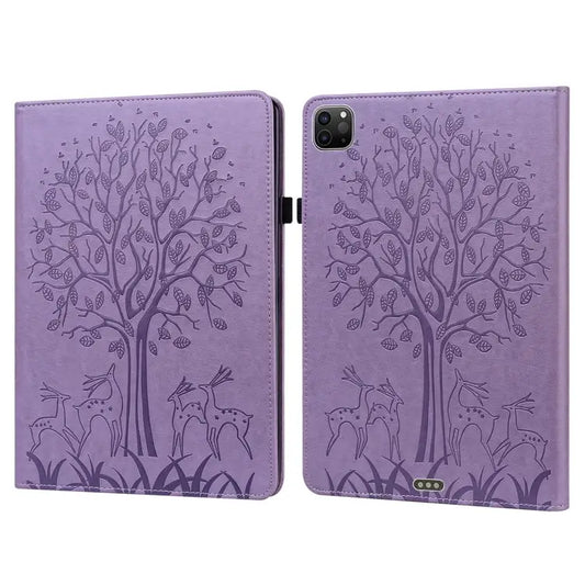 Tree & Deer Pattern Pressed Printing Horizontal Flip PU Leather Case with Holder & Card Slots & Sleep / Wake-up