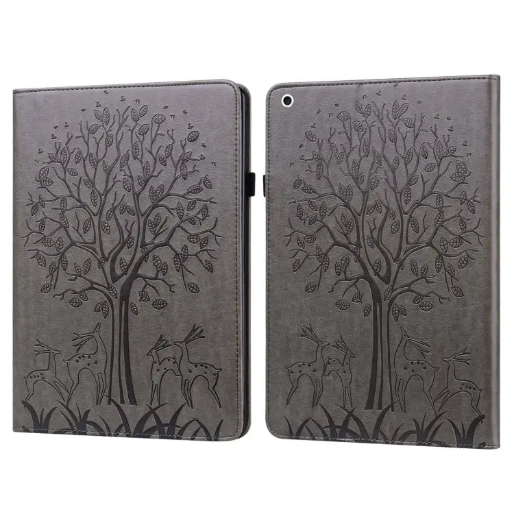 Tree & Deer Pattern Pressed Printing Horizontal Flip PU Leather Case with Holder & Card Slots & Sleep / Wake-up