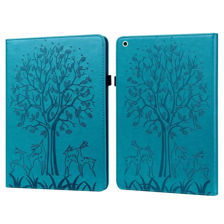 Tree & Deer Pattern Pressed Printing Horizontal Flip PU Leather Case with Holder & Card Slots & Sleep / Wake-up