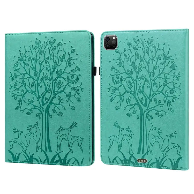 Tree & Deer Pattern Pressed Printing Horizontal Flip PU Leather Case with Holder & Card Slots & Sleep / Wake-up