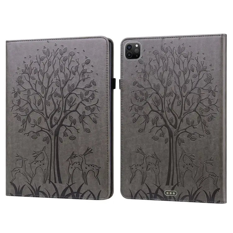 Tree & Deer Pattern Pressed Printing Horizontal Flip PU Leather Case with Holder & Card Slots & Sleep / Wake-up