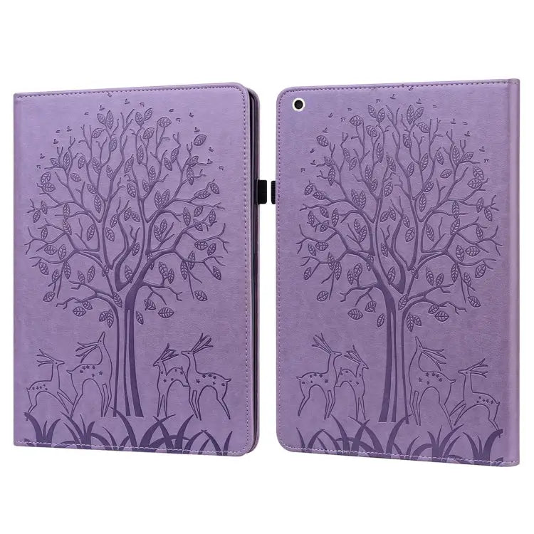 Tree & Deer Pattern Pressed Printing Horizontal Flip PU Leather Case with Holder & Card Slots & Sleep / Wake-up