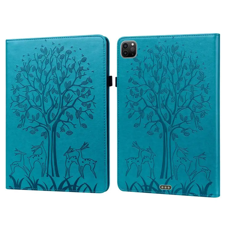 Tree & Deer Pattern Pressed Printing Horizontal Flip PU Leather Case with Holder & Card Slots & Sleep / Wake-up