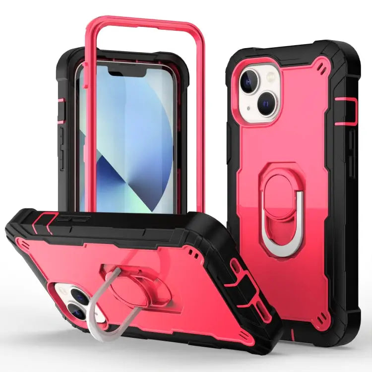 Two-color Ring Holder Phone Case For iPhone 14 For iPhone 14 Plus - For iPhone 14 Plus / Black + Rose Red - Apple