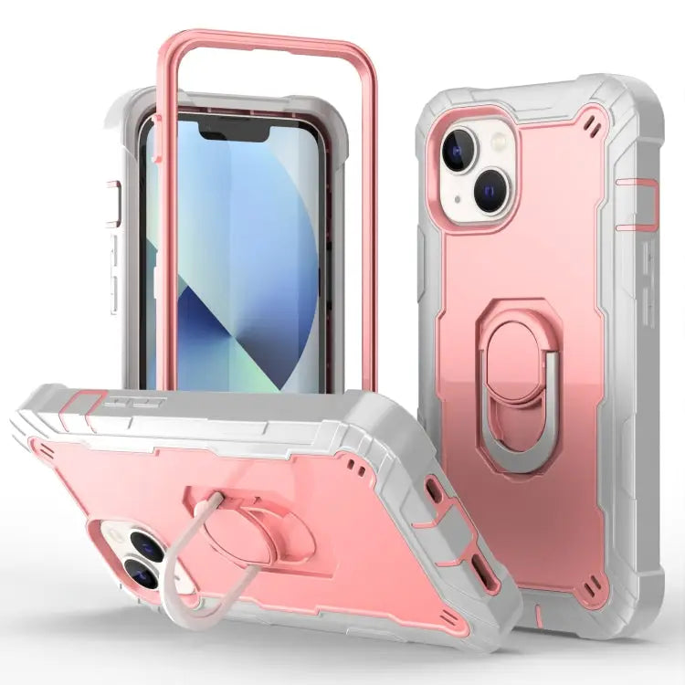 Two-color Ring Holder Phone Case For iPhone 14 For iPhone 14 Plus - For iPhone 14 / Grey White + Rose Gold - Apple