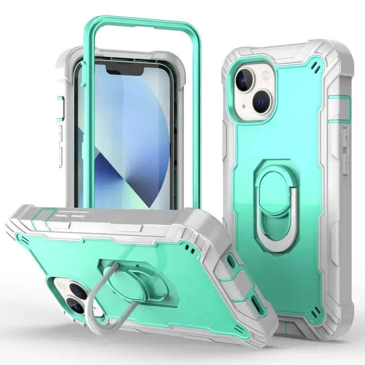 Two-color Ring Holder Phone Case For iPhone 14 For iPhone 14 Plus - For iPhone 14 / Grey White + Mint Green - Apple