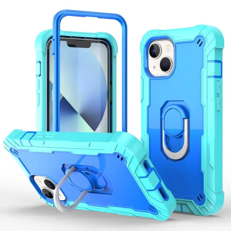 Two-color Ring Holder Phone Case For iPhone 14 For iPhone 14 Plus - For iPhone 14 / Mint Green + Blue - Apple
